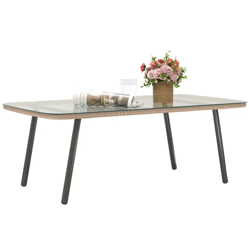 Outsunny Măsuță de Grădină din Ratan PE și Sticlă 110x60x40 cm Lemn Natural | Romania