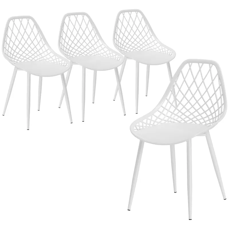 HOMCOM Set 4 Scaune Moderne cu Spătar Perforat din Plastic și Metal Alb | Romania