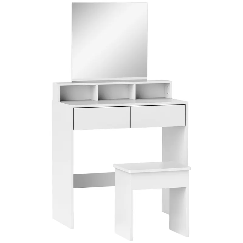 HOMCOM Masă de Toaletă cu Taburet, Masă de Machiaj cu Oglindă, 3 Rafturi, 2 Sertare, din Lemn, 75x38x135 cm, Alb | Romania