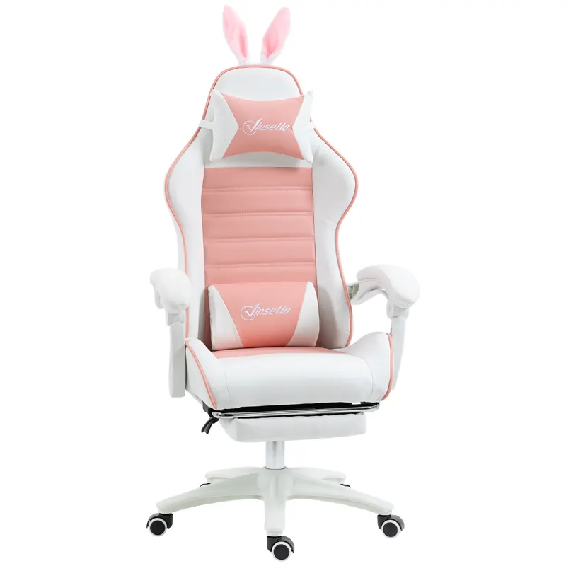 Vinsetto Scaun de Gaming Ergonomic cu Urechi de Iepure și Suport pentru Picioare Extensibil, 65x63x136-142 cm, Roz | Romania