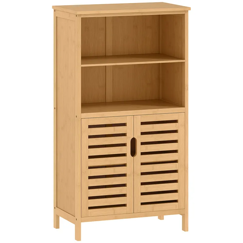 kleankin Mobile Bagno in Bambù, Mobiletto Bagno Salvaspazio con 2 Ante a Persiana e Ripiani Aperti, Armadietto da Terra per Sala da Pranzo, Salotto, Soggiorno, Cucina, 50x29x92 cm, Color Legno | Romania
