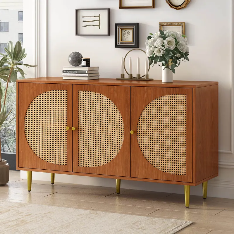 Set Mobilă de Living din Ratan cu Comodă Modernă cu Trei Uși și Dulap pentru Pantofi cu Două Uși Glisante, Culoare nuc
