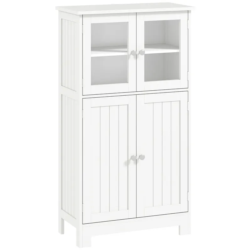 kleankin Mobile Bagno con 2 Armadietti e Ante in Vetro, Mobiletto Bagno Salvaspazio con Ripiano Regolabile, Armadietto da Terra per Sala da Pranzo, Salotto, Soggiorno, Cucina, 60x30x108.5 cm, Bianco | Romania