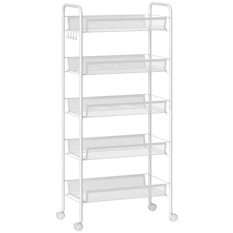 HOMCOM Cărucior de Bucătărie Economisitor de Spațiu cu 5 Nivele și Coșuri de Plasă, 45x26.5x106 cm, Alb | Romania