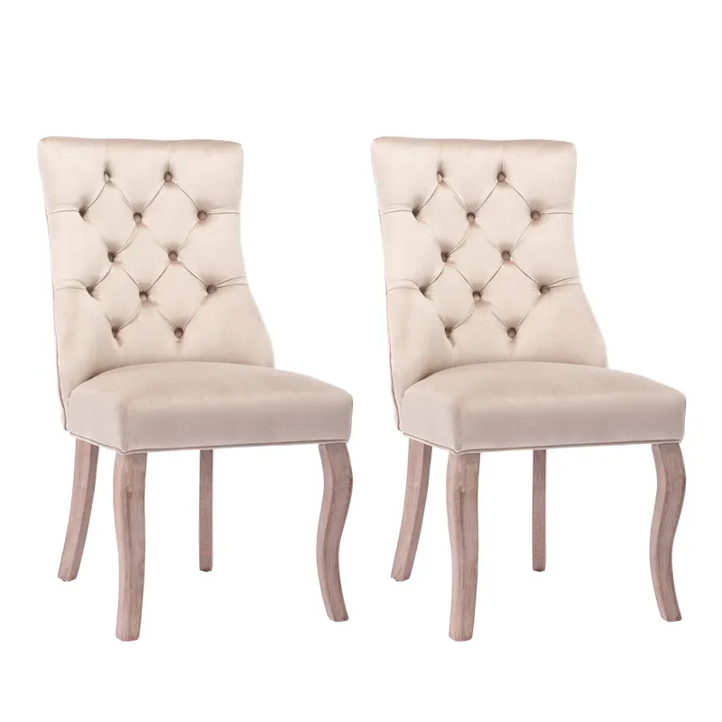 Set de 2 scaune tapițate pentru sufragerie din catifea cu spătar înalt matlasat cu nasturi, 51x47x97 cm, Bej
