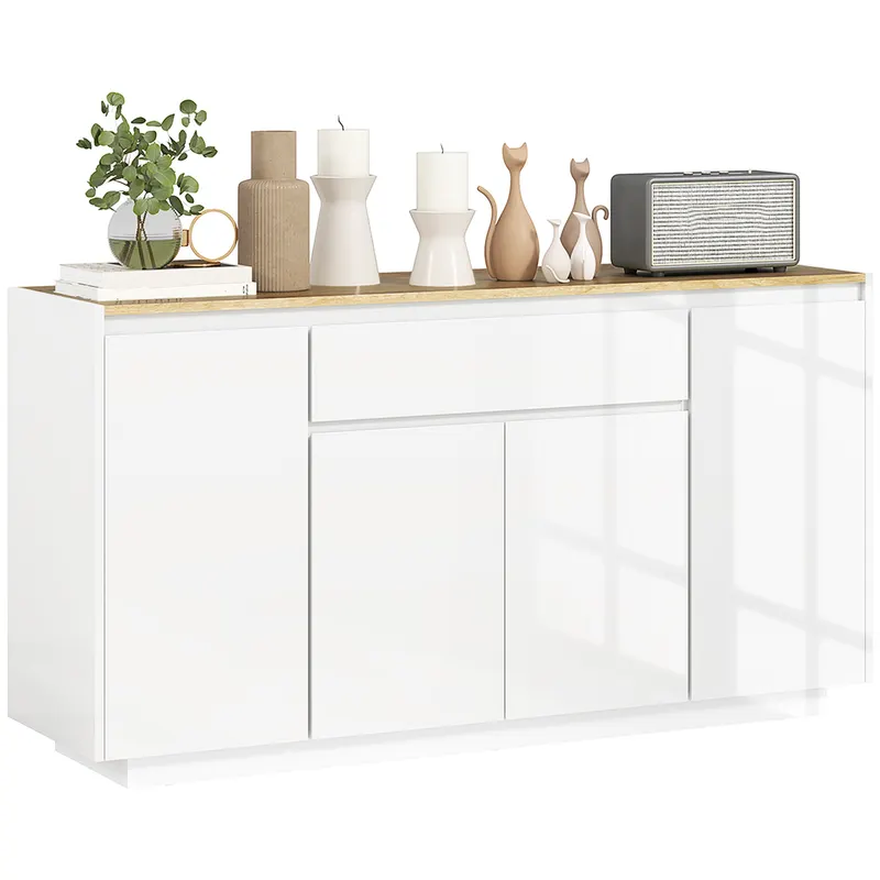 HOMCOM Bufet de Bucătărie cu 3 Dulapuri și 4 Uși cu Îchidere Lină, Mobilier Modern cu Sertar, 140x40x75 cm, Alb | Romania
