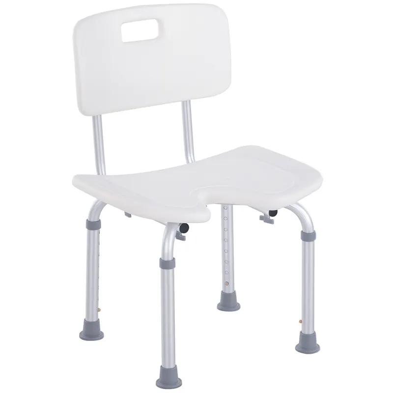 HOMCOM Scaun de Duș Reglabil pe 8 Nivele cu Orificii de Drenaj și Șezut în Formă de U, 48x42x71-83,5 cm, Alb | Romania