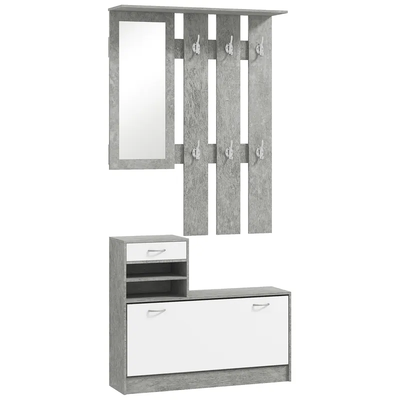 HOMCOM Mobilier Hol, 3 piese, cu Raft pentru Haine, Oglindă, 6 Cârlige, 2 Rafturi și Sertare, 90x24x177 cm, Gri | Romania