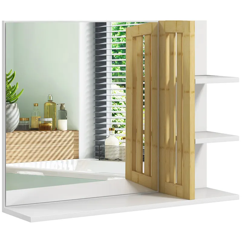 HOMCOM Oglindă Modernă de Baie Suspendată din Lemn cu 4 Rafturi, 45x15x58.5 cm, Alb | Romania