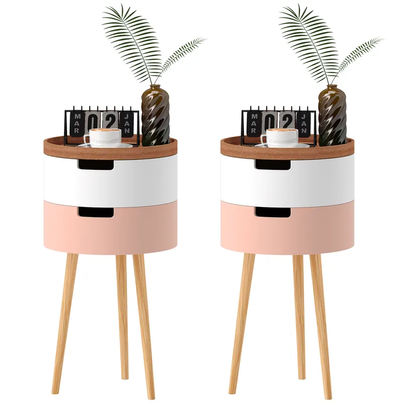 HOMCOM Set de 2 Mese Totunde de Cafea cu 3 Niveluri, 2 Spații de Depozitare și Tavă Detașabilă, Φ35x65,5 cm, Multicolor | Romania
