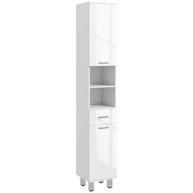 kleankin Mobilier pentru Baie cu 1 Sertar 3 Rafturi Ajustabile și 2 Dulapuri, 30x30x180 cm, Alb Lucios | Romania