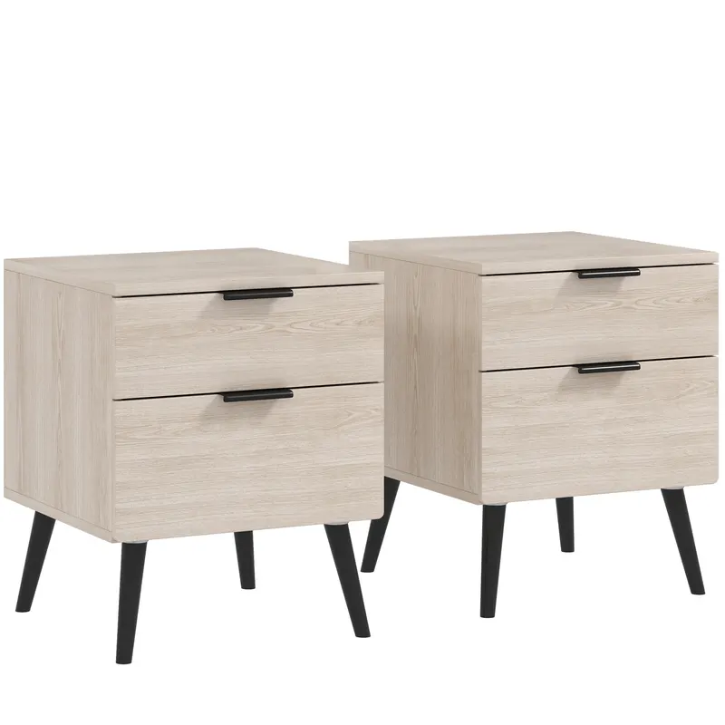 HOMCOM Set de 2 Noptiere cu 2 Sertare pentru Dormitor sau Camera de Zi, 40x40x50 cm, Lemn Natural | Romania