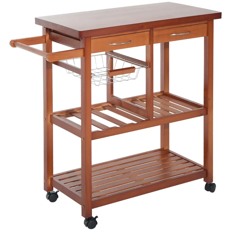 HOMCOM Cărucior de Bucătărie Multifuncțional cu 2 Sertare și 2 Coșuri, 4 Roți (2 cu Frâne), Lemn și Bambus, 81x38x85.5cm | Romania