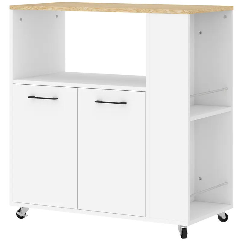 HOMCOM Cărucior de Bucătărie cu Raft Deschis, Dulăpior cu 2 Uși și Raft Lateral pe 2 Niveluri, 75x40x80,5 cm, Alb | Romania
