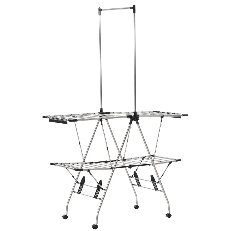 HOMCOM Uscător de rufe cu suport pliabil și roți, spațiu mare de uscare, oțel inoxidabil 138,5 x 63 x 208 cm argintiu negru | Romania