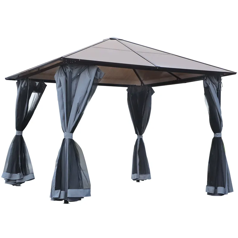 Outsunny Pavilion cu acoperiș din policarbonat, perdele cu plasă de insecte, structură de aluminiu, gri închis, 3 x 3 m | Romania