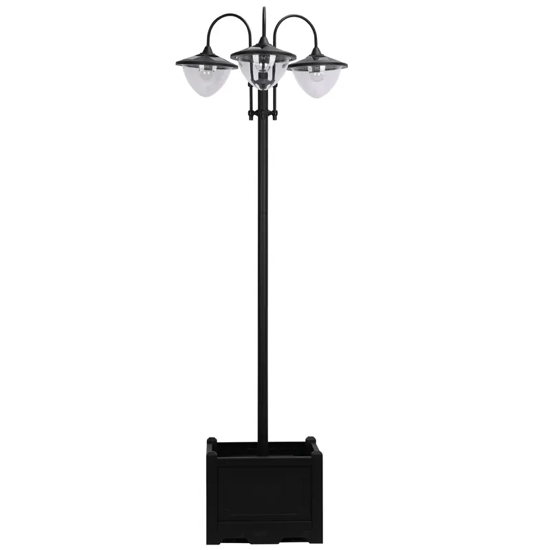 Outsunny Lampadar de grădină Solar LED cu 3 Capete și Jardinieră Integrată, Negru, pentru Grădină și Terasă | Romania