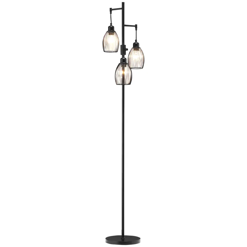 HOMCOM Lampadar Industrial cu 3 Abajururi și Intensitate Regulabilă, 30x30x170.5 cm, Negru | Romania