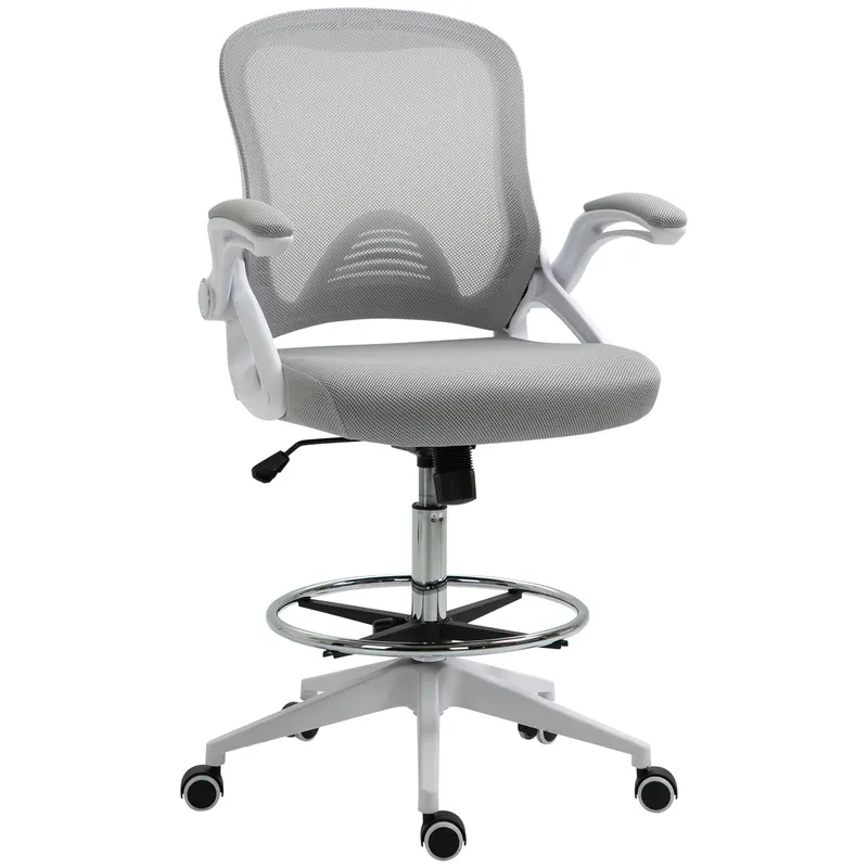Vinsetto Scaun de birou ergonomic, cu înălțime reglabilă, suport picioare, brațe rabatabile, plasă respirabilă, 360° rotativ, gri/alb | Romania
