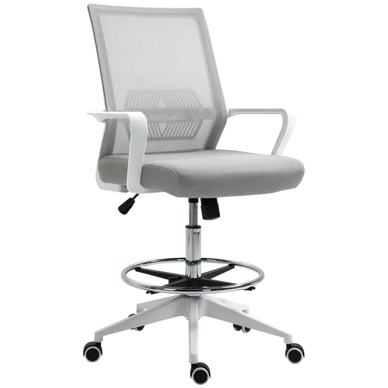 Vinsetto Scaun birou cu șezut înalt reglabil, pivotant 360°, plasă respirabilă, gri/alb, 64x59x104-124 cm | Romania