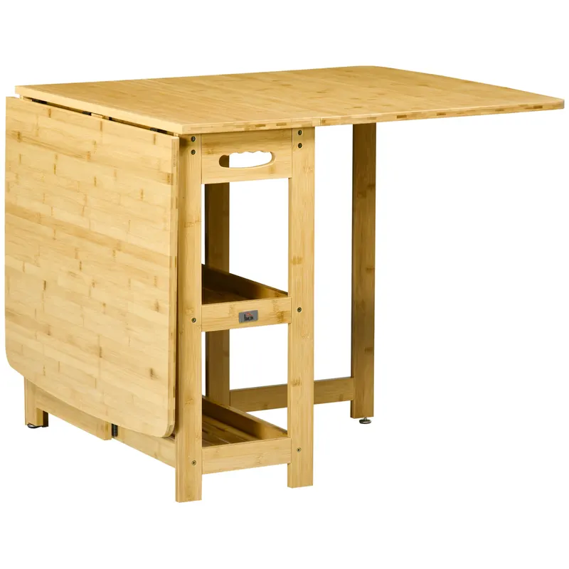 HOMCOM Masă Pliabilă, Masă de Dining, două laturi pliabile, două rafturi, picioare reglabile, bambus, 149,5 x 80 x 73,5 cm | Romania