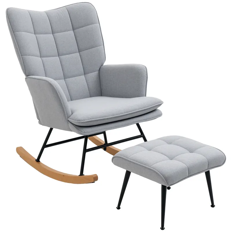 HOMCOM Fotoliu cu leagăn și otomană în design scandinav Fotoliu cu taburet, Lemn de fag, Captuseală, 64 cm x 89 cm x 90 cm Gri | Romania