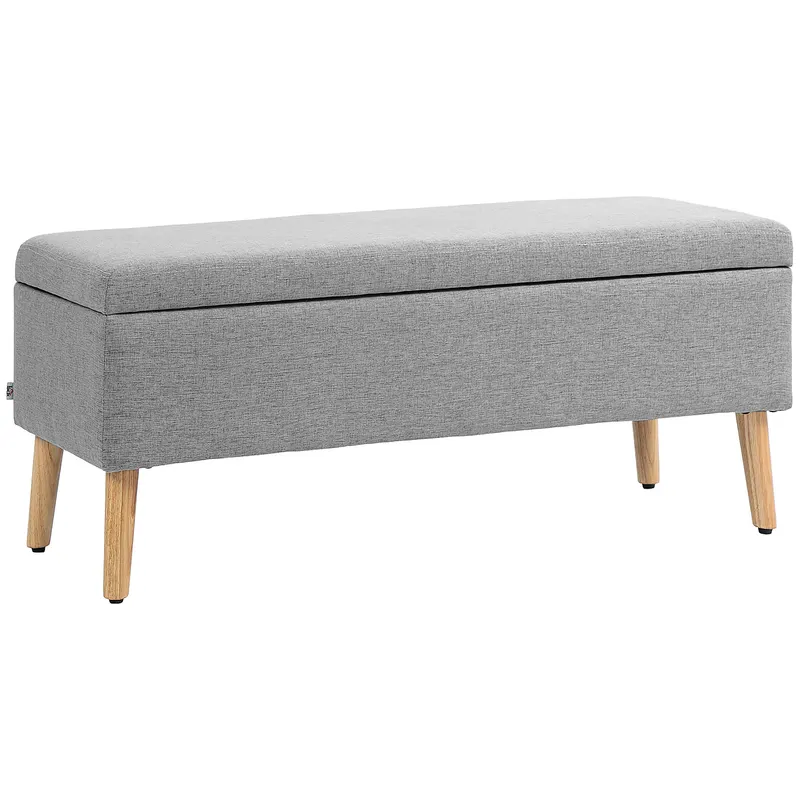 HOMCOM băncuță tapițată cu spațiu de depozitare, material textil tip in, picioare de lemn, capacitate 220 kg, 110x39x45 cm, gri | Romania