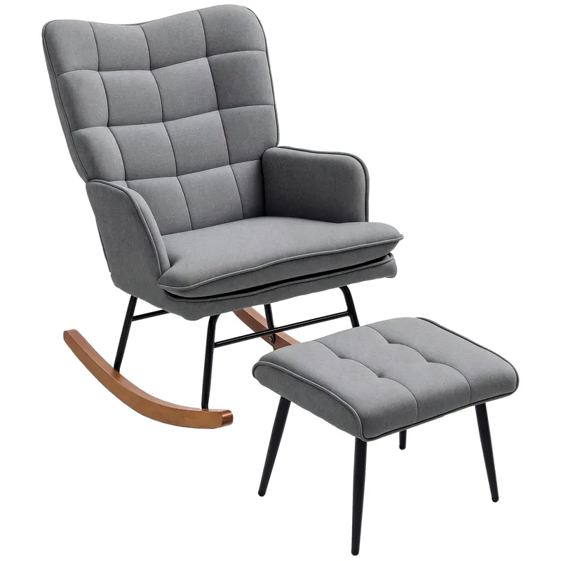 HOMCOM Fotoliu cu leagăn și taburet, confortabil, până la 130 kg, aspect de in, 64x89x90cm, Gri închis | Romania