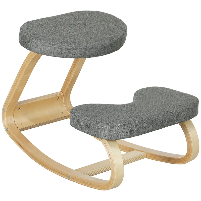 HOMCOM Scaun ergonomic cu genunchiere din lemn cu balans, corectează postura, ideal birou acasă, gri, dim. 50x73x55 cm | Romania