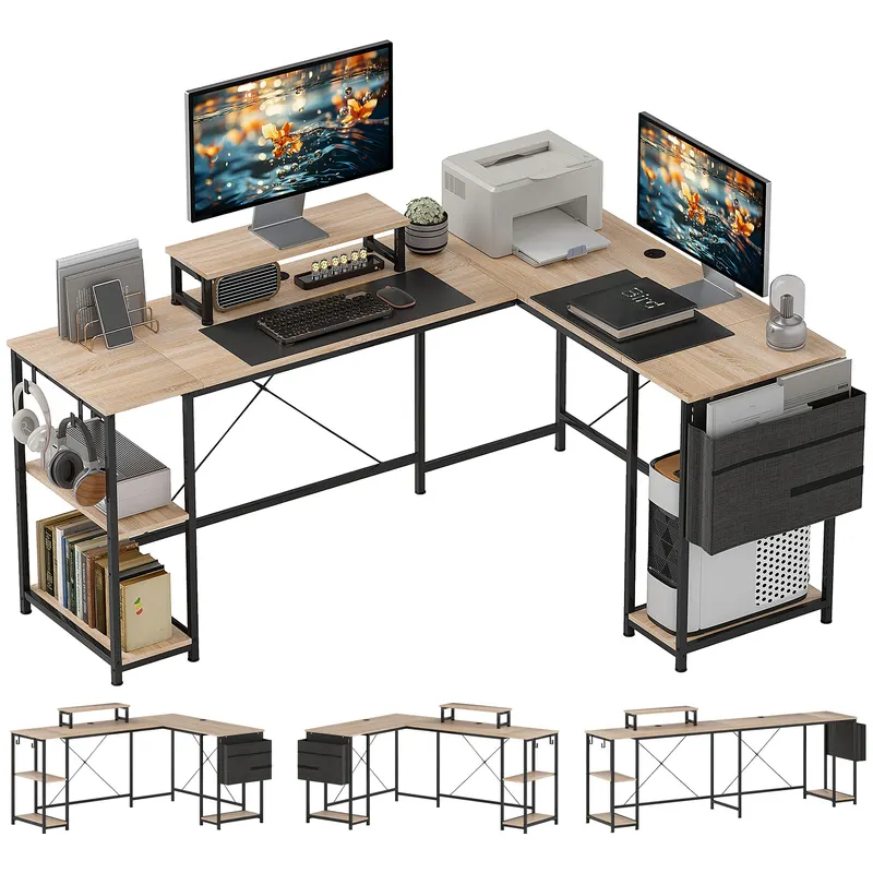 HOMCOM Birou de colț modular reversibil 168-240 cm stil industrial, raft reglabil, sac de depozitare, suport pentru ecran | Romania