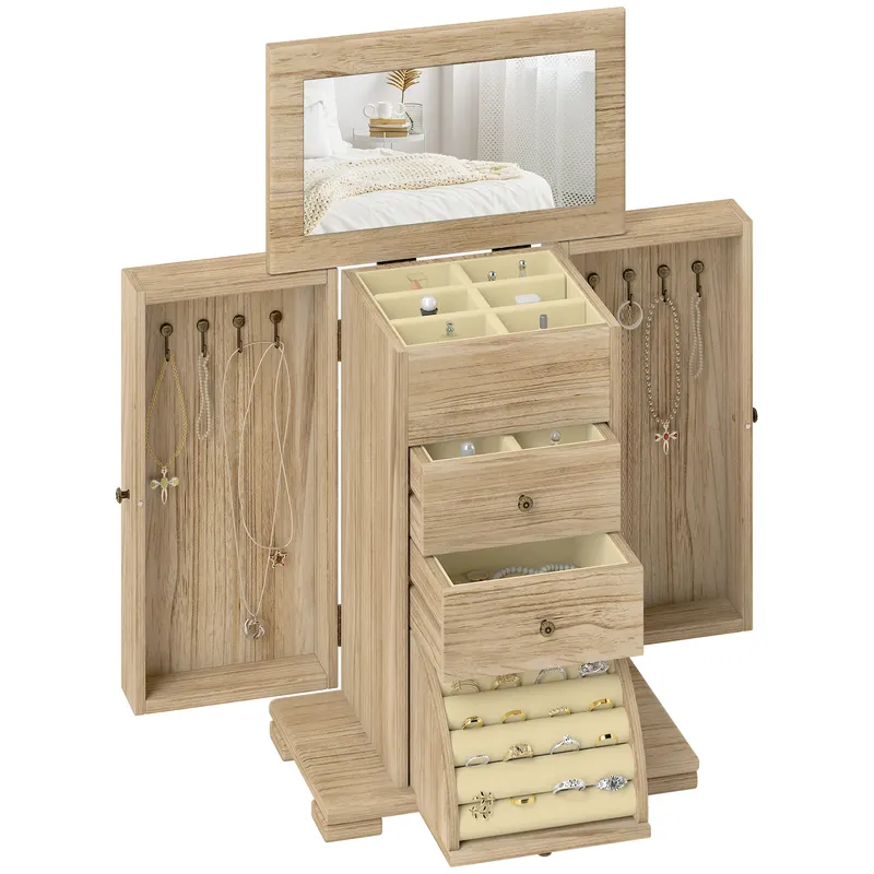 HOMCOM Cutie pentru bijuterii femei pe 4 nivele, cofret pentru bijuterii cu aripi, oglindă și 2 sertare, 26,5 x 16 x 33,5 cm, maro | Romania