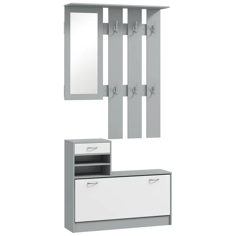 HOMCOM Set de Mobilier pentru Hol cu Raft pentru Pantofi, Oglindă și 2 rafturi Reglabile, 90x24x177 cm, Gri | Romania