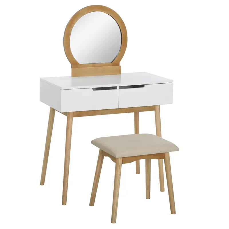 HOMCOM Coafetoare Design scandinav Masă de Machiaj cu Oglindă, 2 sertare și Taburet Alb pin Deschis | Romania