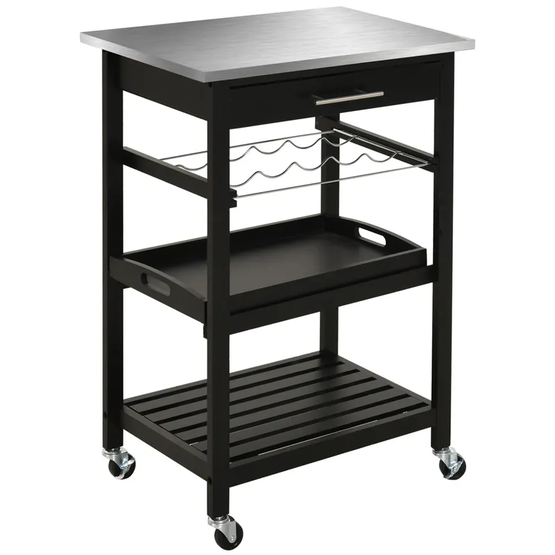 HOMCOM Carucior de Servire, carucior pentru bucatarie cu raft pentru sticle, 60L x 40l x 85h cm, blat din inox, negru | Romania