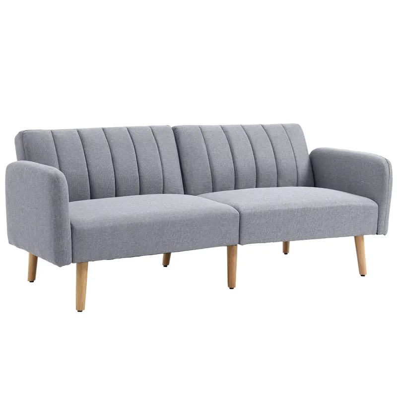 HOMCOM Canapea Extensibilă 2 Locuri Design scandinav Spătar reglabil 3 Poziții Picioare Lemn Țesătură Aspect Lin Gri | Romania
