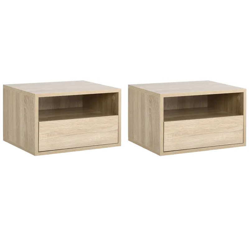 HOMCOM Set de 2 Noptiere murale, Set de 2 Noptiere, Sertar culisant, Nisa, Blat, Panouri Particule Aspect stejar Deschis | Romania