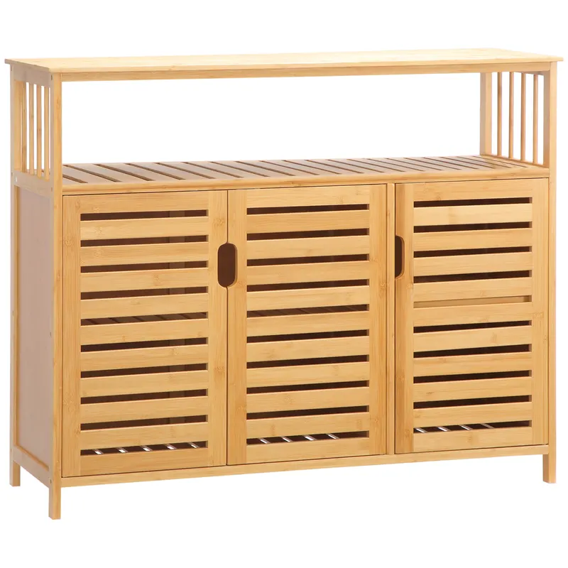 HOMCOM Bufet mobilier de depozitare 3 uși deschise și rafturi din bambus 100 x 35 x 82 cm natural | Romania