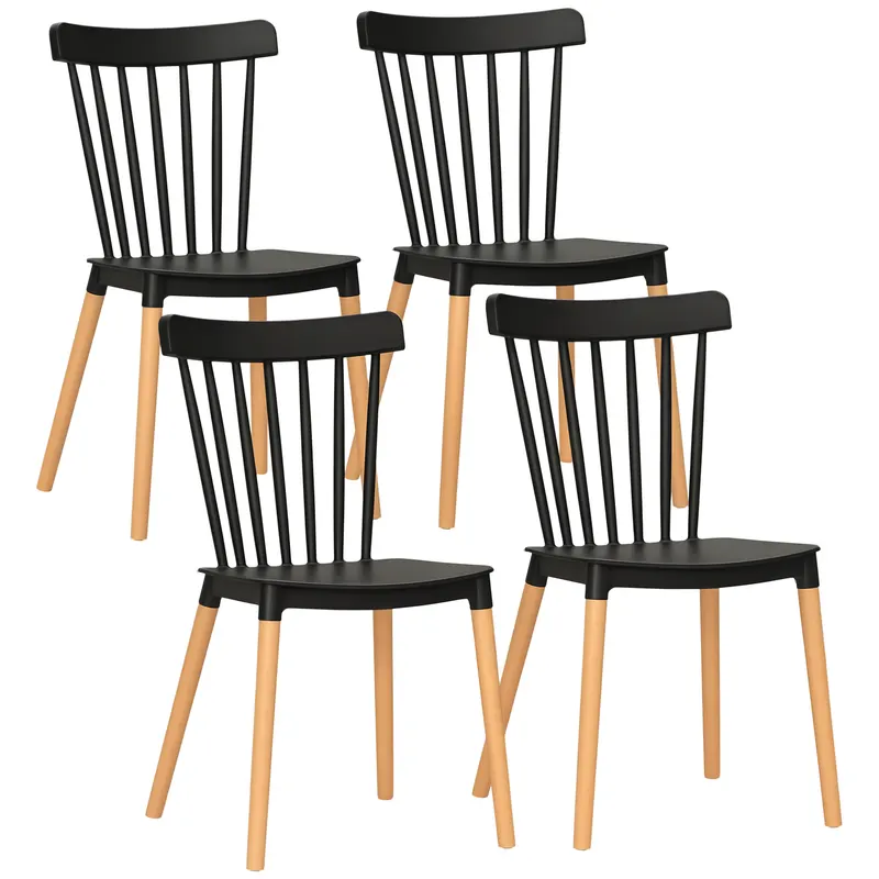 HOMCOM Set de 4 scaune stil scandinav cu spătar înalt, șezut din polipropilenă, picioare din lemn de fag 48 x 52,5 x 83 cm negru | Romania