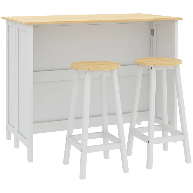 HOMCOM, Insulă de bucătărie cu 2 taburete, blat de lucru rabatabil, 2 dulapuri cu 4 uși, design modern, alb | Romania