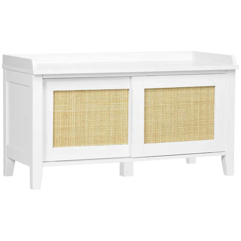 HOMCOM Banc de pantofi mobilier de depozitare cu ușă glisantă și fațade din răchită împletită 80 x 35 x 45 cm alb | Romania