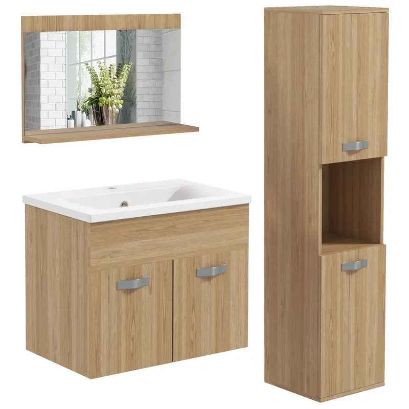 kleankin Set de mobilier de baie oglindă coloană + dulap sub chiuvetă suspendat cu bol, dulap coloană natural | Romania