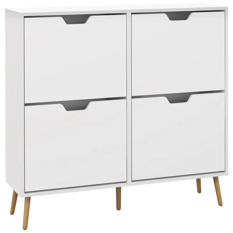 HOMCOM, Dulap pantofi, 4 clapete, 16 perechi, cu raft reglabil, picioare din lemn de pin, 95 x 26 x 95 cm, alb | Romania