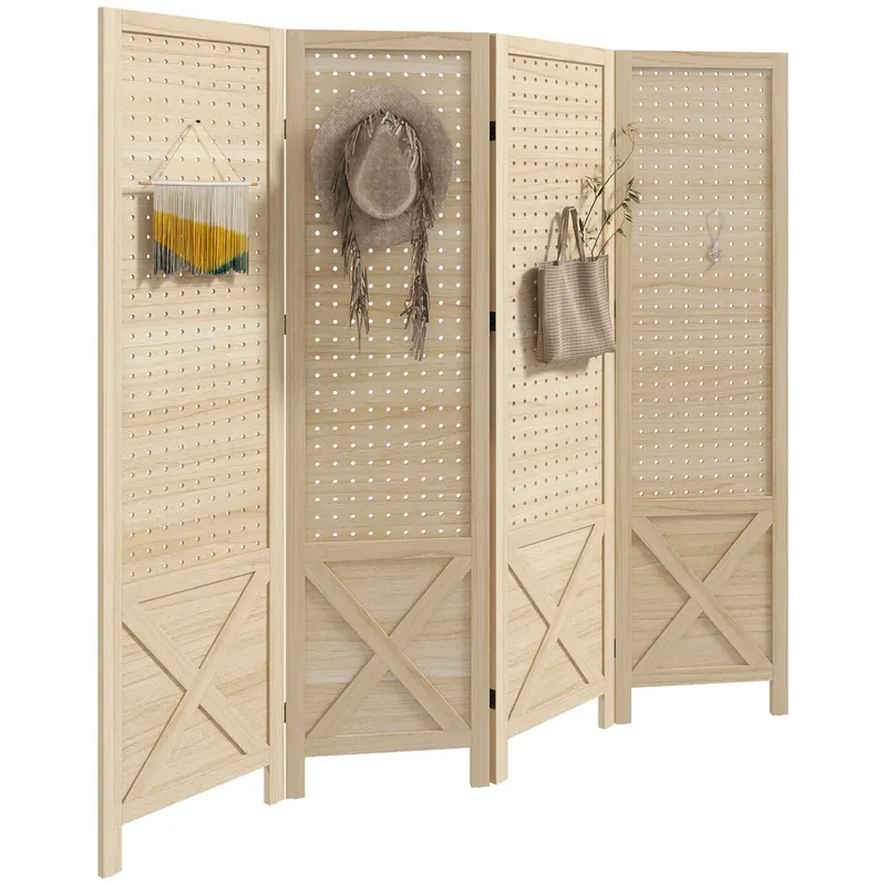 HOMCOM, Paravan interior din lemn, 4 panouri, separator de cameră pliabil, panou perforat, 152 x 1,7 x 144,5 cm, lemn natural | Romania