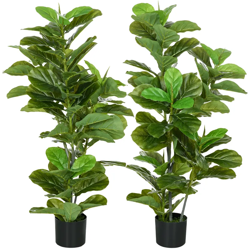 HOMCOM, Set de 2 plante artificiale Ficus Lyrata, arbori artificiali cu ghiveci inclus, înălțime 110 cm, verde | Romania