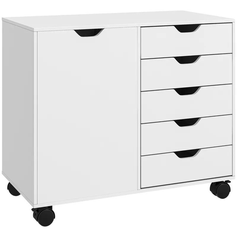 HOMCOM Dulap Lateral cu 5 Sertare, Dulap cu Raft Reglabil, Mobilier pentru Birou pe Roți, Suport pentru Imprimantă pentru Biroul de Acasă, Alb | Romania