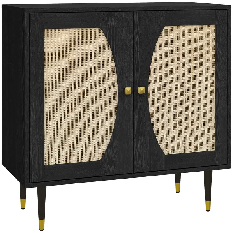 HOMCOM Bufet de bucătărie mobilier de depozitare design boem cu dublă uși și 2 nivele, fațadă din răchită 80 x 38 x 79 cm negru | Romania