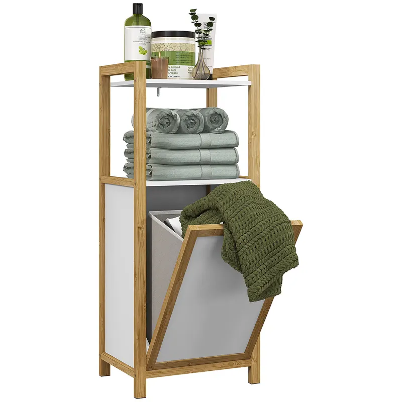HOMCOM Mobilier pe picioare din bambus coș pentru rufe baie economisire de spațiu, 2 rafturi, dim. 40L x 30l x 86,5H cm | Romania