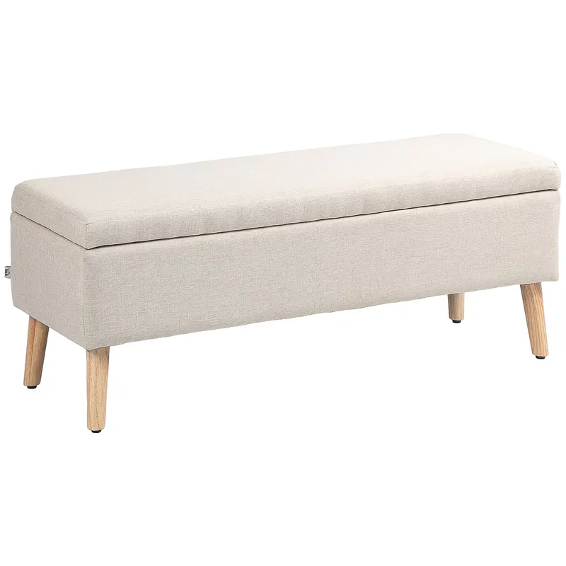 HOMCOM bancă cu spațiu de depozitare 110 x 39 x 45 cm din material cu aspect de in, picioare din lemn de cauciuc, capacitate 220 kg, bej | Romania