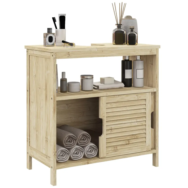 HOMCOM Mobilă sub lavabo din Bambus, Mobilă de Depozitare pentru Baie cu 2 Uși, 60 x 30 x 60 cm, Lemn Natural | Romania