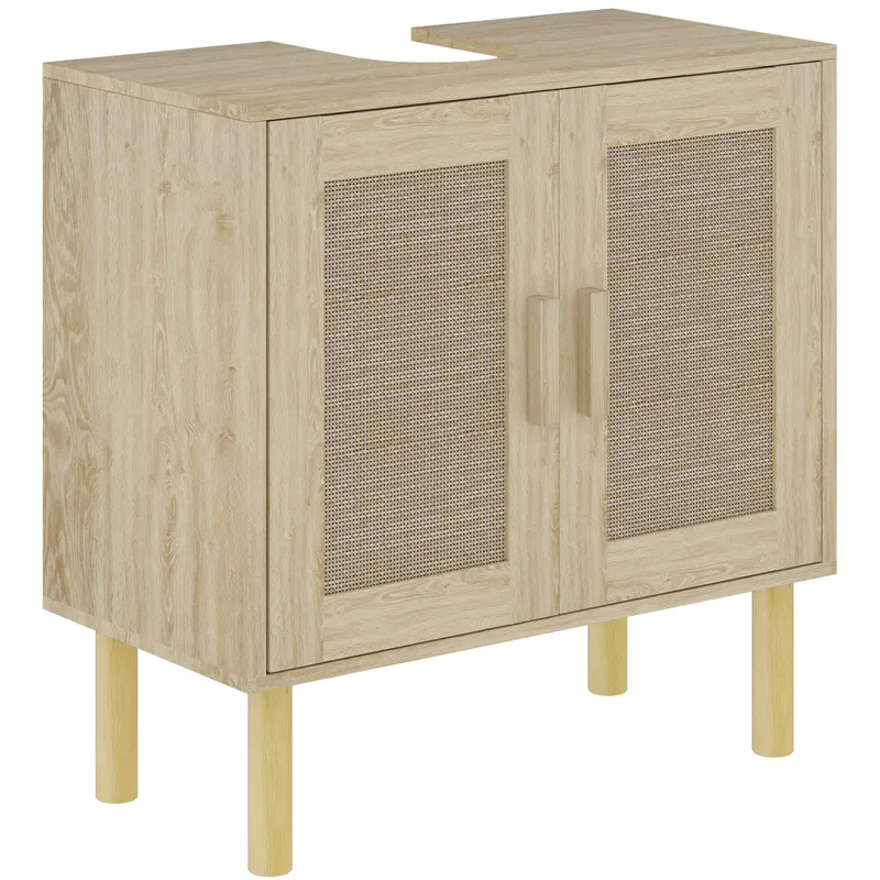 HOMCOM Mobila baie sub chiuveta mobilier sub chiuveta usi din rachita picioare din lemn de pin 2 nivele 60 x 30 x 60 cm stejar | Romania